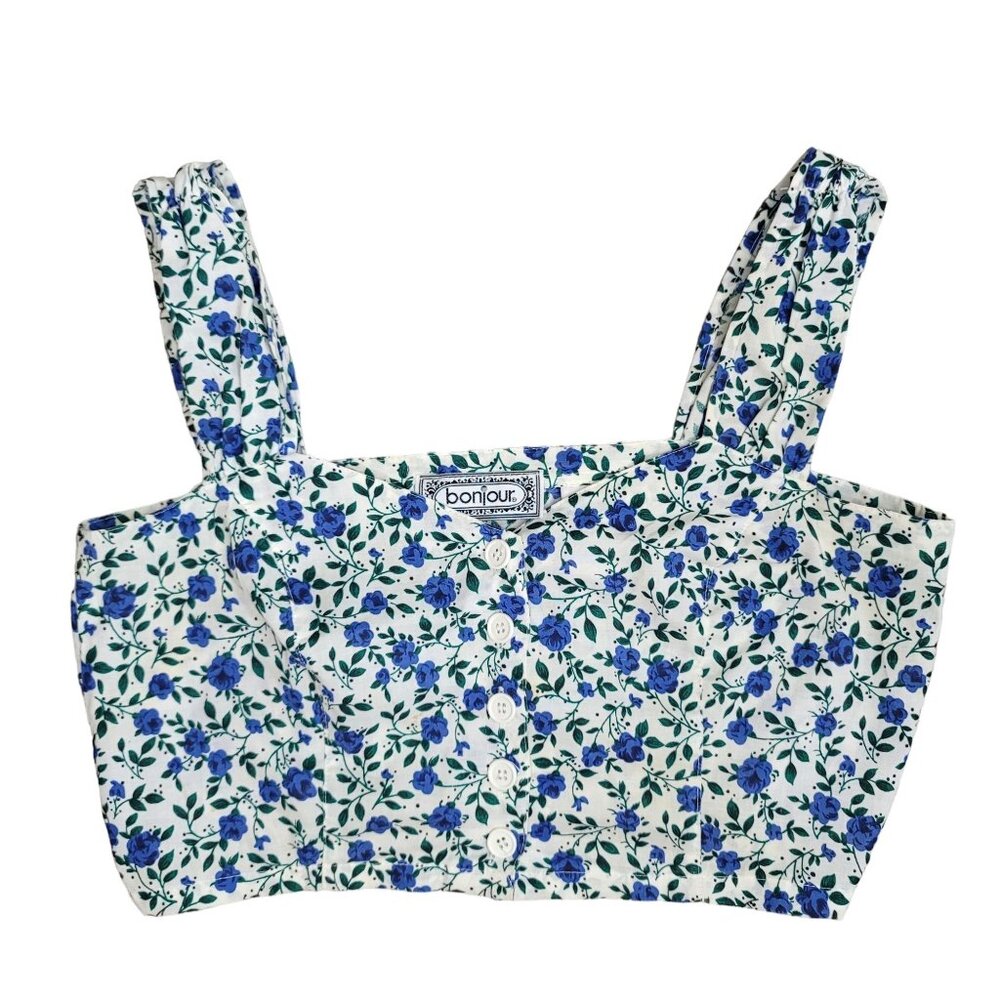 Bonjour bralette cropped buton front floral blue and white tank top size Medium